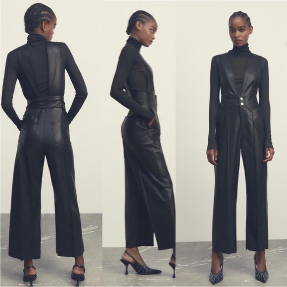 ZARA Faux Leather Jumpsuit Overalls Black Size Small NWT Sleeveless Deep V neck - Picture 1 of 11